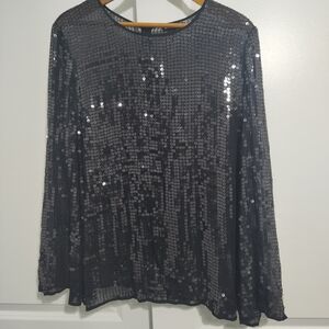 DKNY Sheer Sequin Cap Sleeve Drapes Top L Black